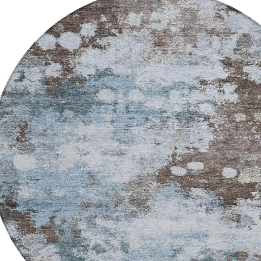 8' Sky Blue And Brown Round Abstract Washable Indoor Outdoor Area Rug Photo 4