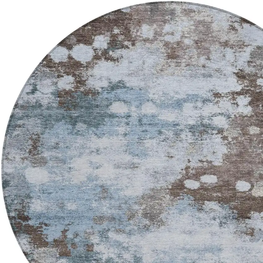 8' Sky Blue And Brown Round Abstract Washable Indoor Outdoor Area Rug Photo 8