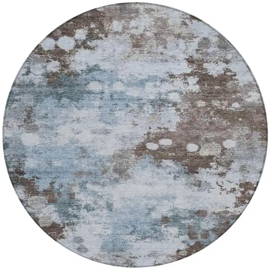 8' Sky Blue And Brown Round Abstract Washable Indoor Outdoor Area Rug Photo 3