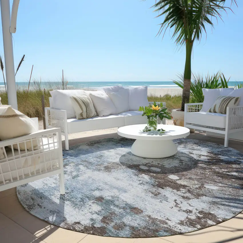 8' Sky Blue And Brown Round Abstract Washable Indoor Outdoor Area Rug Photo 5