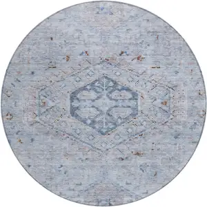 Photo of 8' Sky Blue And Brown Round Medallion Washable Indoor Outdoor Area Rug