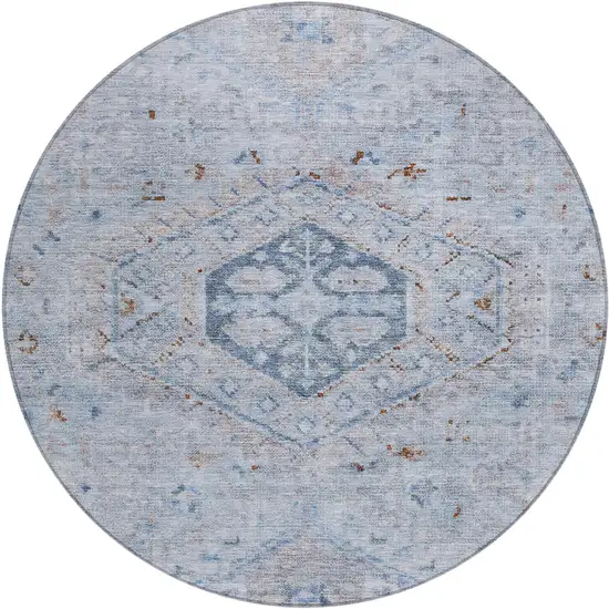 8' Sky Blue And Brown Round Medallion Washable Indoor Outdoor Area Rug Photo 1