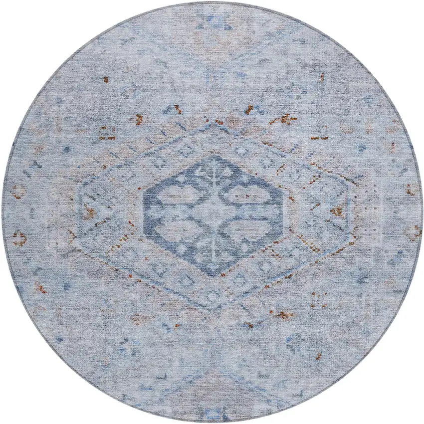8' Sky Blue And Brown Round Medallion Washable Indoor Outdoor Area Rug Photo 1