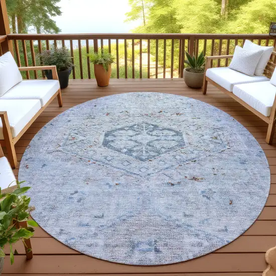 8' Sky Blue And Brown Round Medallion Washable Indoor Outdoor Area Rug Photo 4