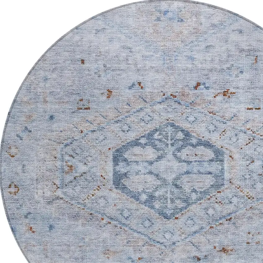 8' Sky Blue And Brown Round Medallion Washable Indoor Outdoor Area Rug Photo 2