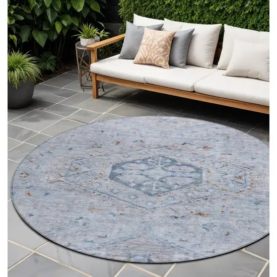 8' Sky Blue And Brown Round Medallion Washable Indoor Outdoor Area Rug Photo 1
