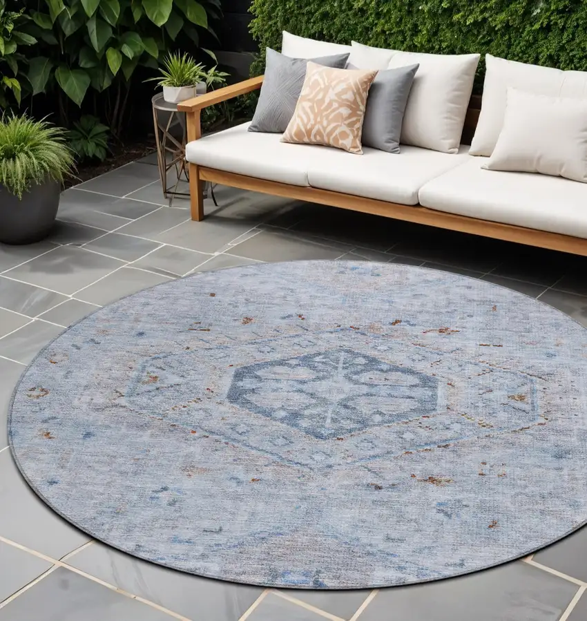 8' Sky Blue And Brown Round Medallion Washable Indoor Outdoor Area Rug Photo 1
