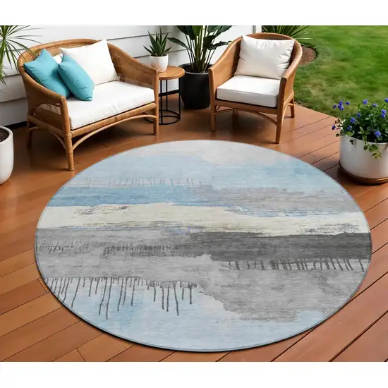 8' Sky Blue And Charcoal Round Abstract Washable Indoor Outdoor Area Rug Photo 2