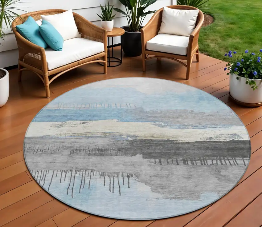 8' Sky Blue And Charcoal Round Abstract Washable Indoor Outdoor Area Rug Photo 2