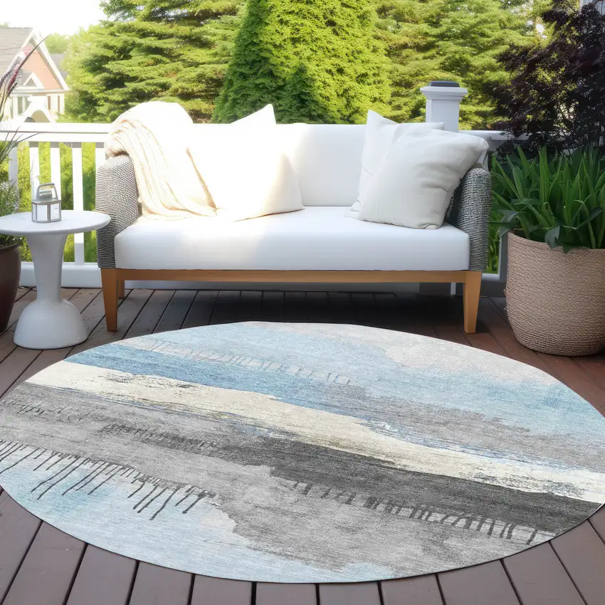 8' Sky Blue And Charcoal Round Abstract Washable Indoor Outdoor Area Rug Photo 5