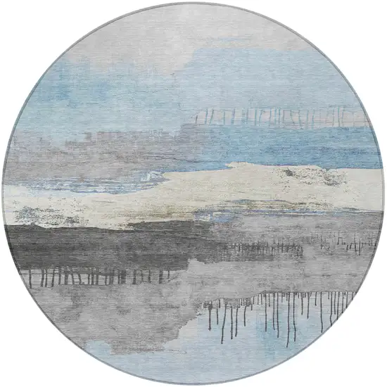 8' Sky Blue And Charcoal Round Abstract Washable Indoor Outdoor Area Rug Photo 4