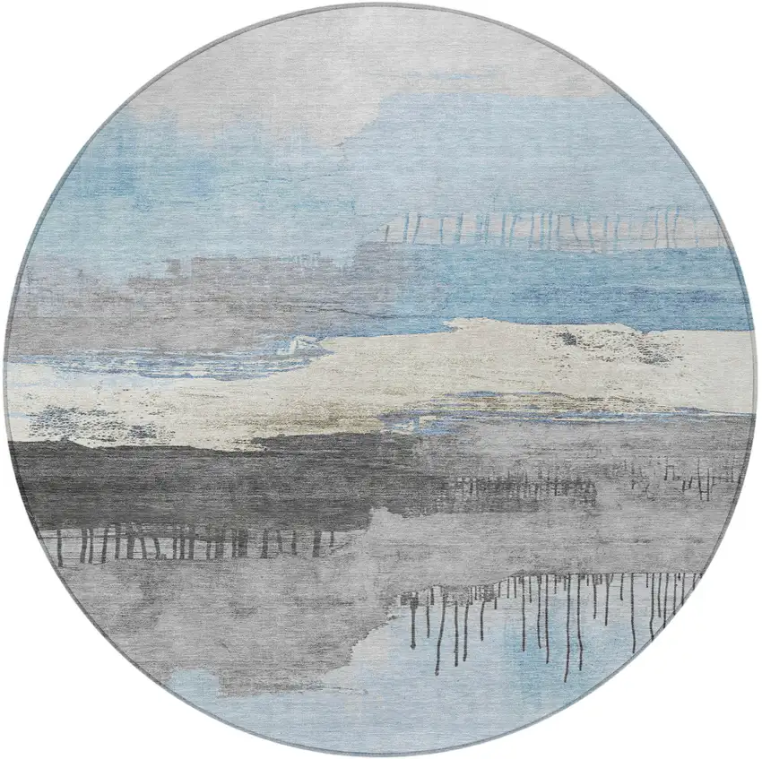 8' Sky Blue And Charcoal Round Abstract Washable Indoor Outdoor Area Rug Photo 4