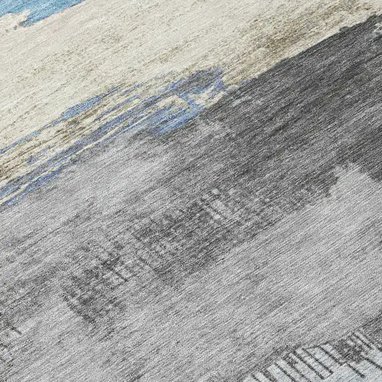 8' Sky Blue And Charcoal Round Abstract Washable Indoor Outdoor Area Rug Photo 9