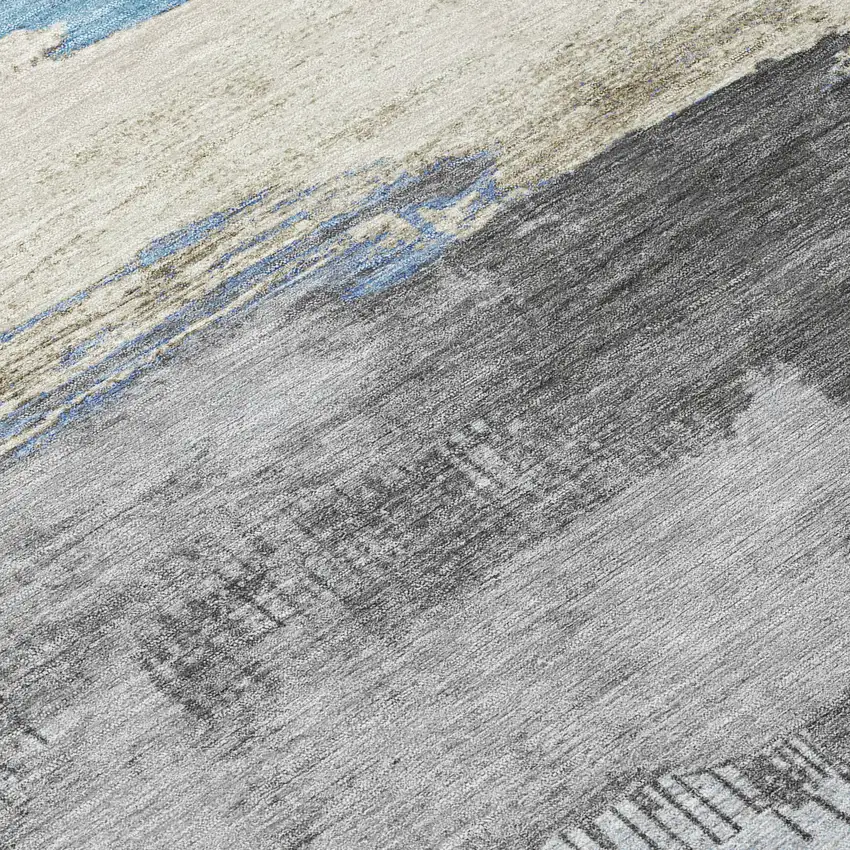 8' Sky Blue And Charcoal Round Abstract Washable Indoor Outdoor Area Rug Photo 9