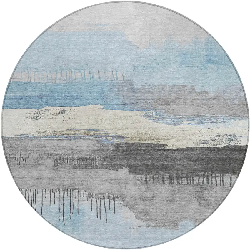 8' Sky Blue And Charcoal Round Abstract Washable Indoor Outdoor Area Rug Photo 1