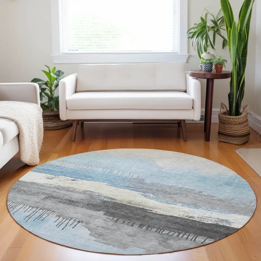 8' Sky Blue And Charcoal Round Abstract Washable Indoor Outdoor Area Rug Photo 6