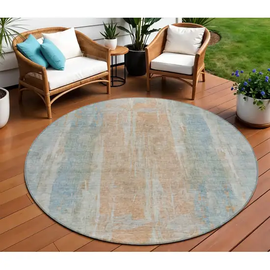 8' Sky Blue And Copper Round Abstract Washable Indoor Outdoor Area Rug Photo 1