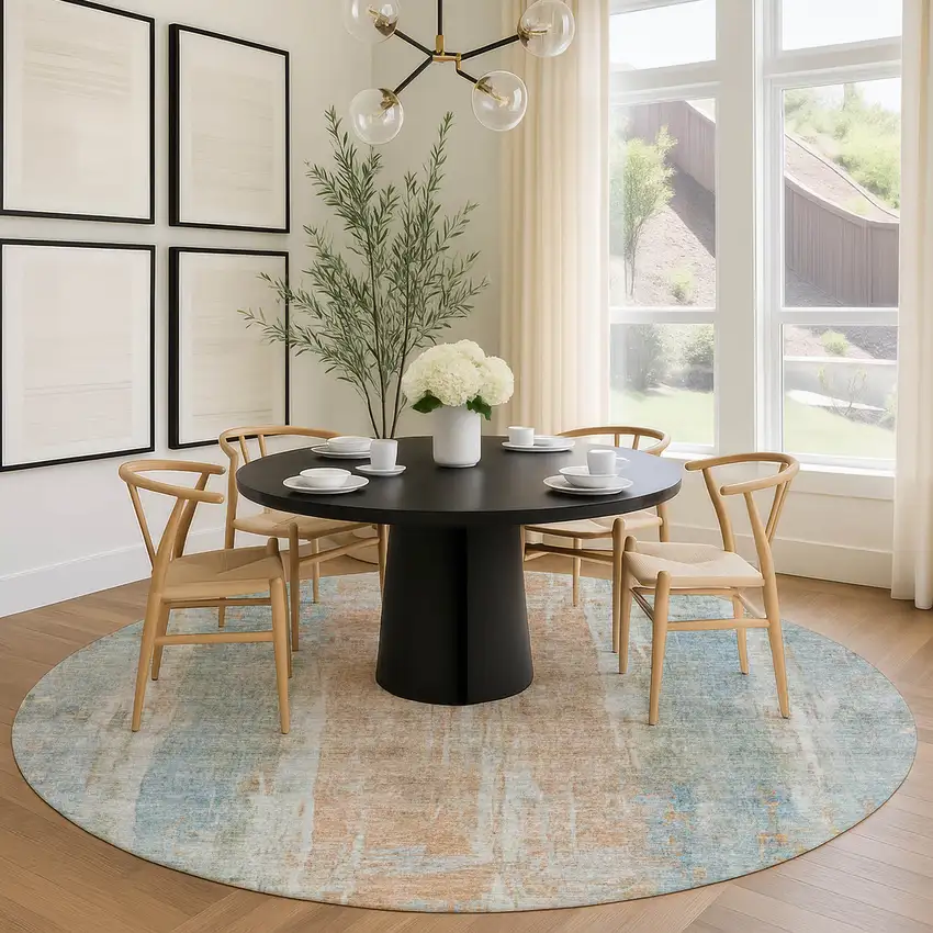 8' Sky Blue And Copper Round Abstract Washable Indoor Outdoor Area Rug Photo 9
