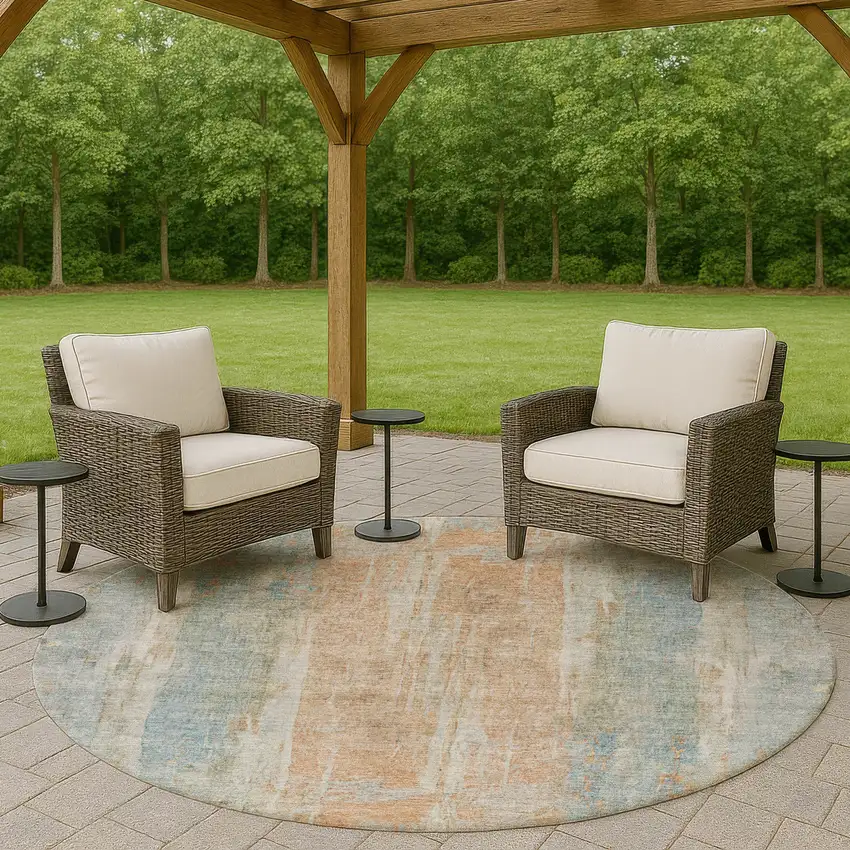 8' Sky Blue And Copper Round Abstract Washable Indoor Outdoor Area Rug Photo 8