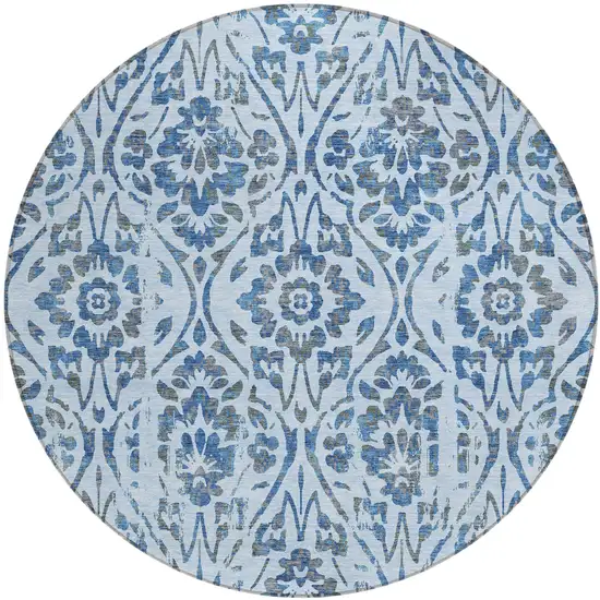 8' Sky Blue And Dark Blue Round Floral Washable Indoor Outdoor Area Rug Photo 2