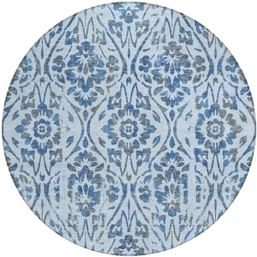 8' Sky Blue And Dark Blue Round Floral Washable Indoor Outdoor Area Rug Photo 2