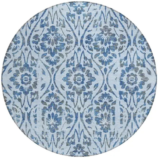 8' Sky Blue And Dark Blue Round Floral Washable Indoor Outdoor Area Rug Photo 5