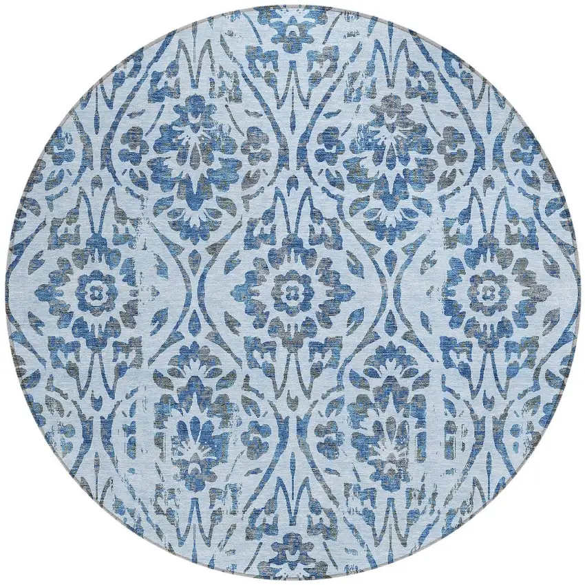 8' Sky Blue And Dark Blue Round Floral Washable Indoor Outdoor Area Rug Photo 5