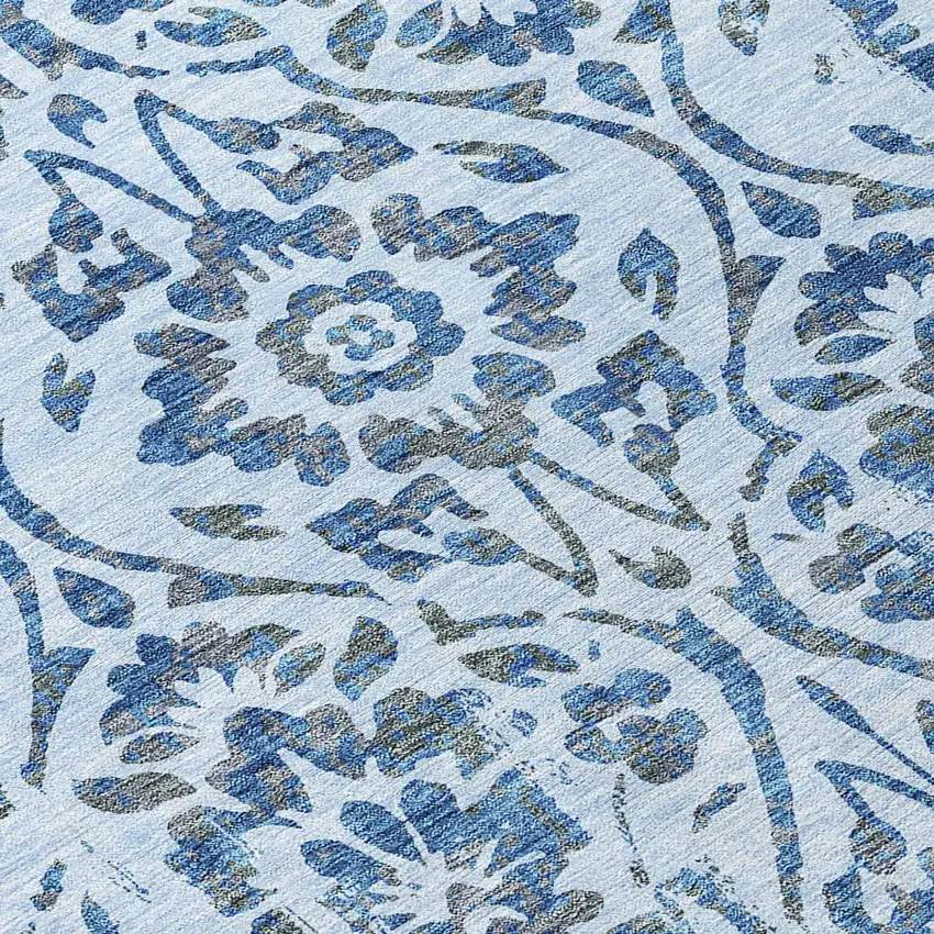 8' Sky Blue And Dark Blue Round Floral Washable Indoor Outdoor Area Rug Photo 8
