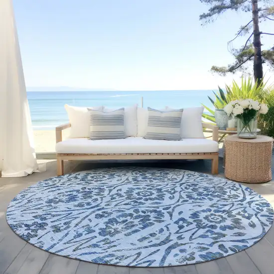 8' Sky Blue And Dark Blue Round Floral Washable Indoor Outdoor Area Rug Photo 6