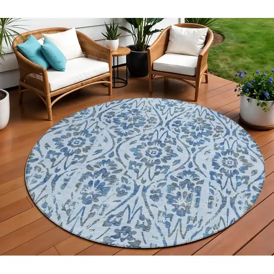 8' Sky Blue And Dark Blue Round Floral Washable Indoor Outdoor Area Rug Photo 1