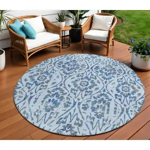 Photo of 8' Sky Blue And Dark Blue Round Floral Washable Indoor Outdoor Area Rug