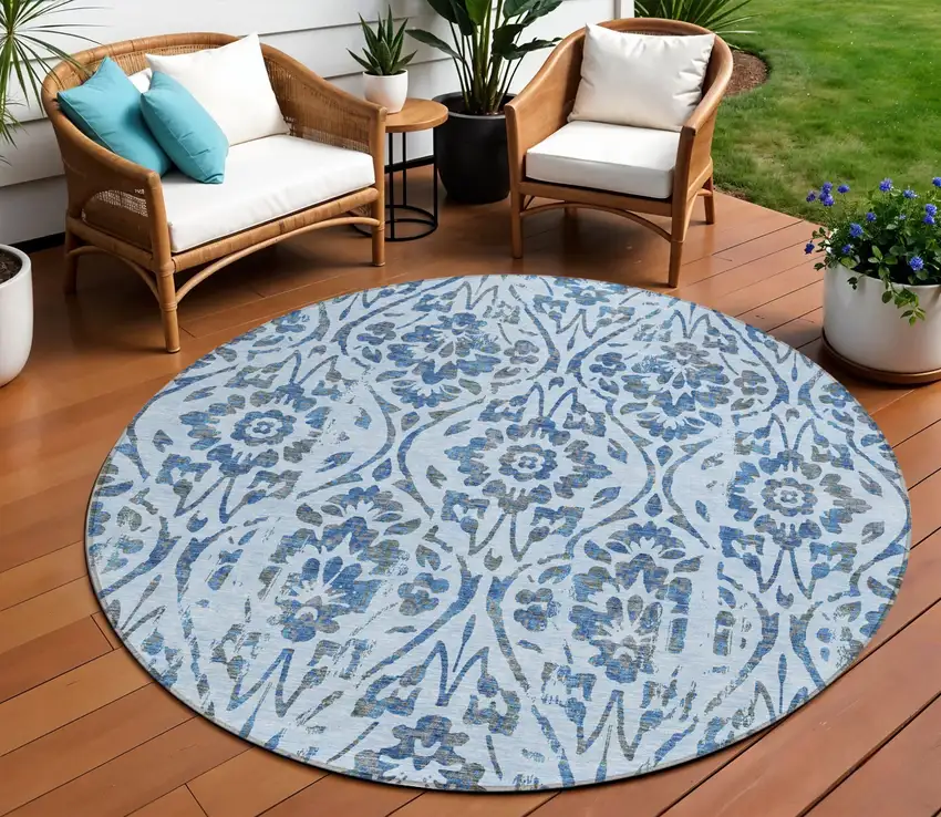8' Sky Blue And Dark Blue Round Floral Washable Indoor Outdoor Area Rug Photo 1