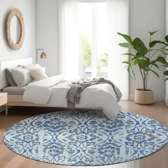 8' Sky Blue And Dark Blue Round Floral Washable Indoor Outdoor Area Rug Photo 7