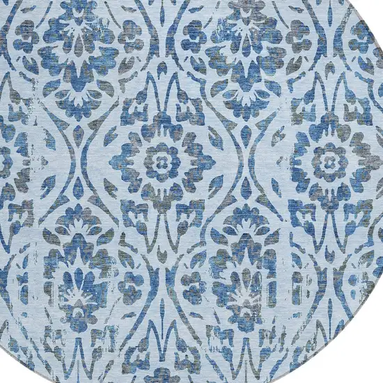 8' Sky Blue And Dark Blue Round Floral Washable Indoor Outdoor Area Rug Photo 4