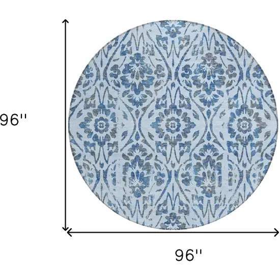8' Sky Blue And Dark Blue Round Floral Washable Indoor Outdoor Area Rug Photo 3