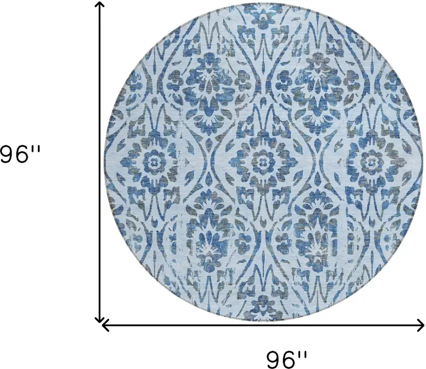 8' Sky Blue And Dark Blue Round Floral Washable Indoor Outdoor Area Rug Photo 3