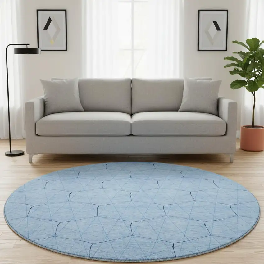 8' Sky Blue And Denim Blue Geometric Washable Round Rug With UV Protection Photo 2