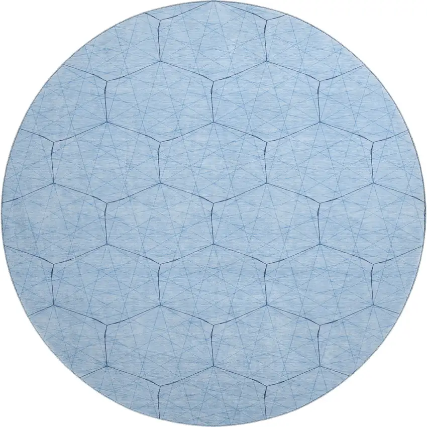8' Sky Blue And Denim Blue Geometric Washable Round Rug With UV Protection Photo 1