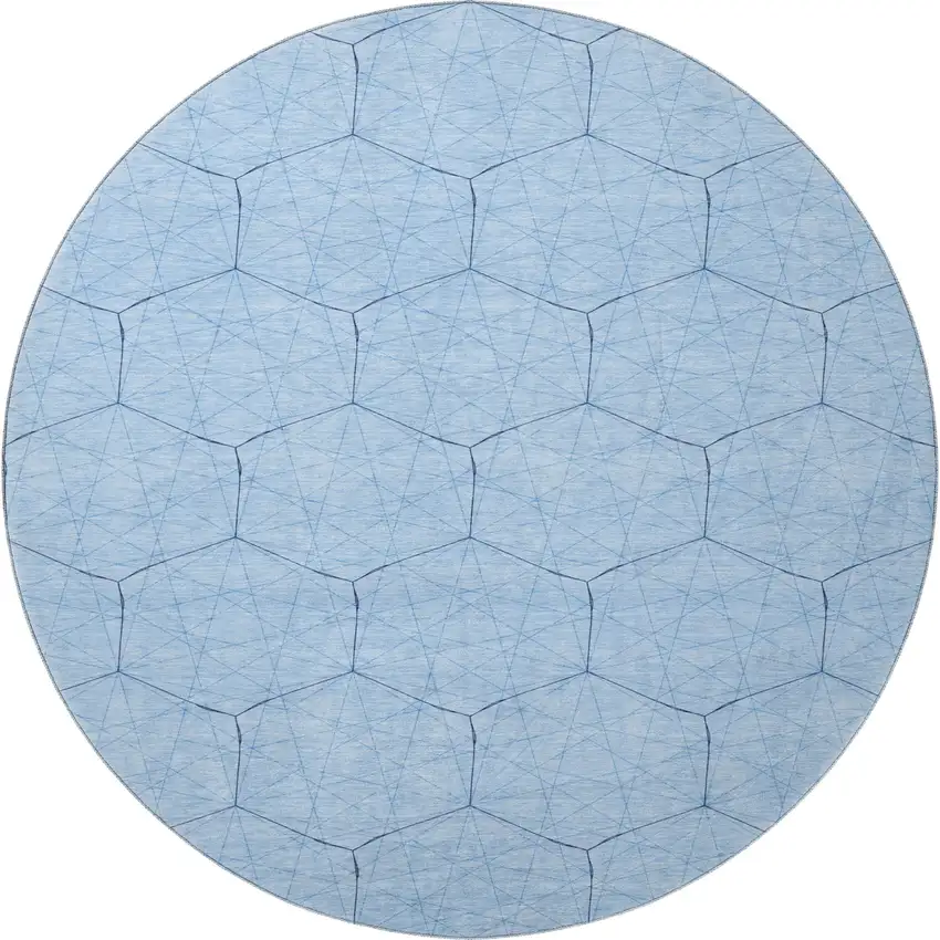 8' Sky Blue And Denim Blue Geometric Washable Round Rug With UV Protection Photo 3