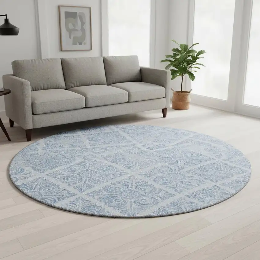 8' Sky Blue And Denim Blue Medallion Washable Round Rug With UV Protection Photo 2