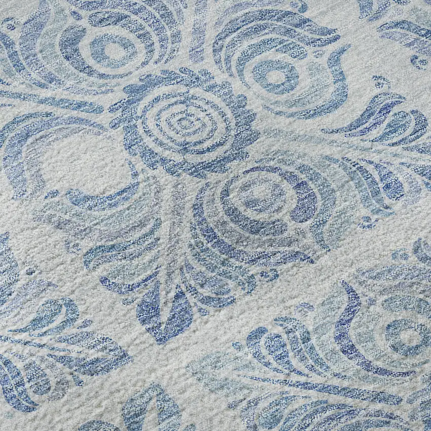 8' Sky Blue And Denim Blue Medallion Washable Round Rug With UV Protection Photo 9