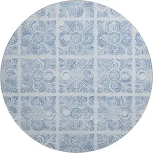 Photo of 8' Sky Blue And Denim Blue Medallion Washable Round Rug With UV Protection