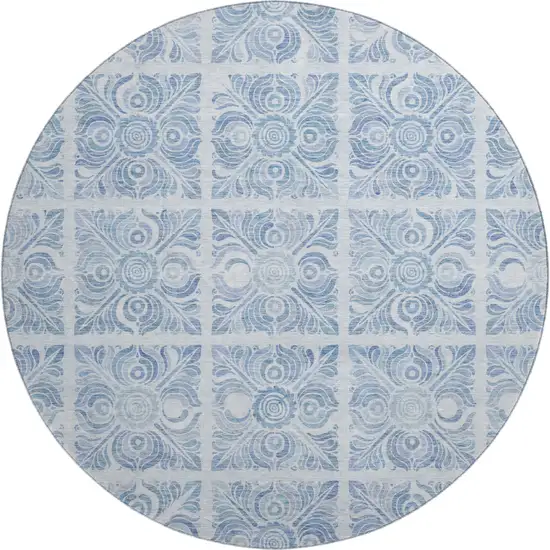 8' Sky Blue And Denim Blue Medallion Washable Round Rug With UV Protection Photo 1
