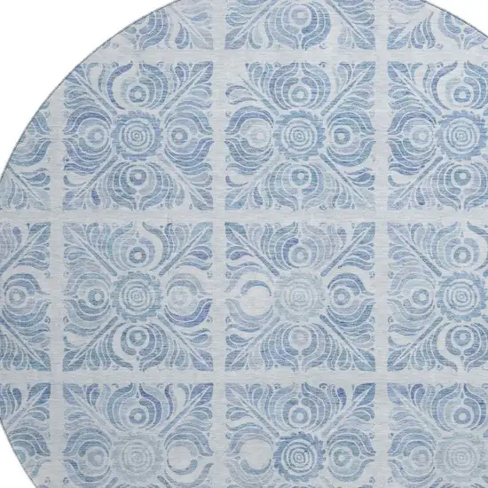 8' Sky Blue And Denim Blue Medallion Washable Round Rug With UV Protection Photo 3
