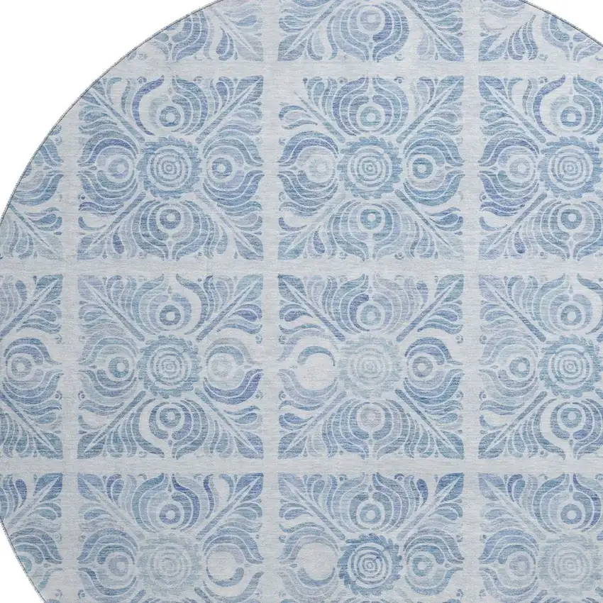 8' Sky Blue And Denim Blue Medallion Washable Round Rug With UV Protection Photo 3