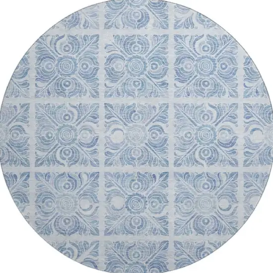 8' Sky Blue And Denim Blue Medallion Washable Round Rug With UV Protection Photo 4