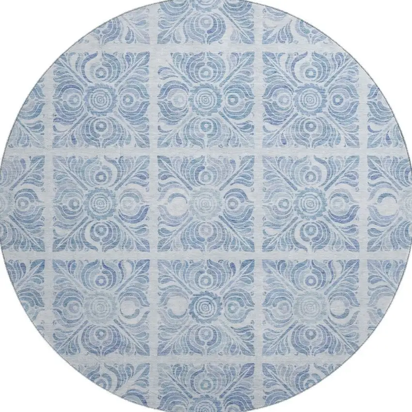 8' Sky Blue And Denim Blue Medallion Washable Round Rug With UV Protection Photo 4