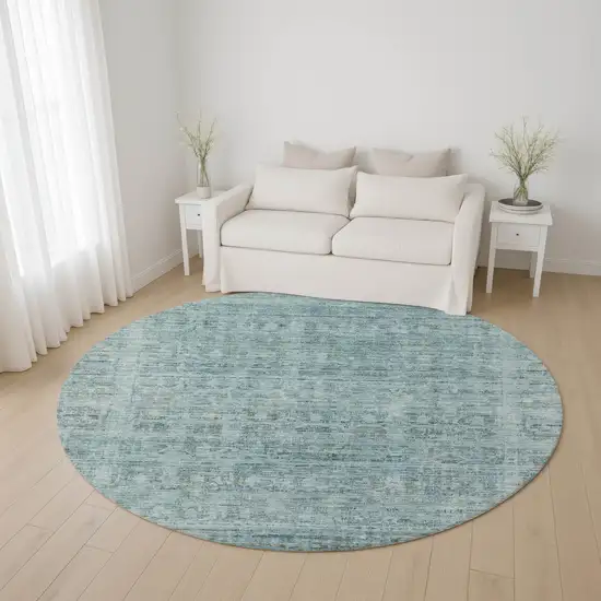 8' Sky Blue And Denim Blue Oriental Washable Round Rug With UV Protection Photo 4