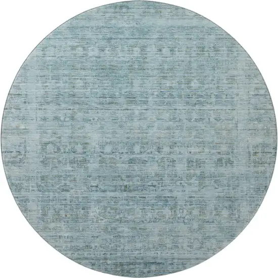 8' Sky Blue And Denim Blue Oriental Washable Round Rug With UV Protection Photo 3