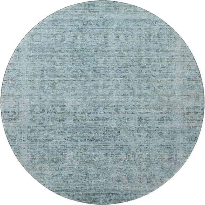 8' Sky Blue And Denim Blue Oriental Washable Round Rug With UV Protection Photo 3
